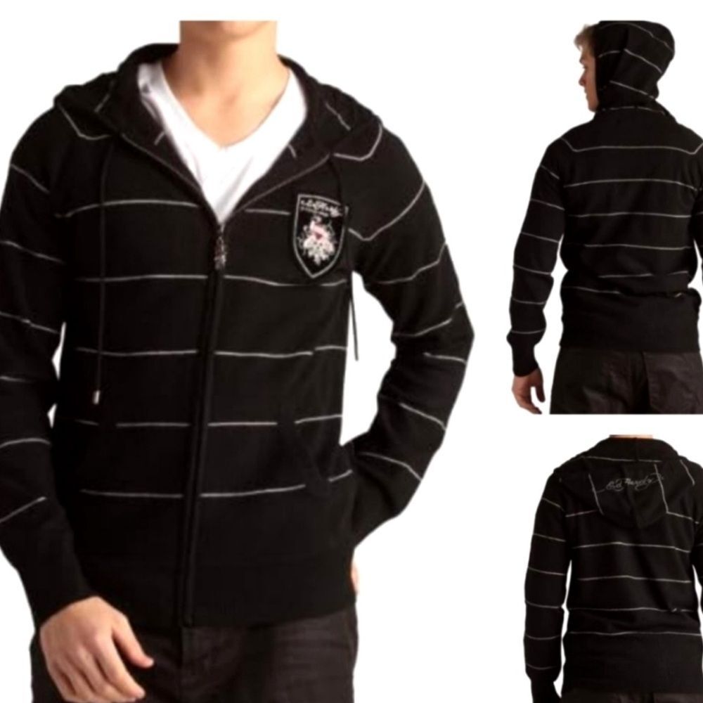 Ed Hardy by Christian Audigier Striped Wool Blend Zip Up Men’s Hooded Sweater XL